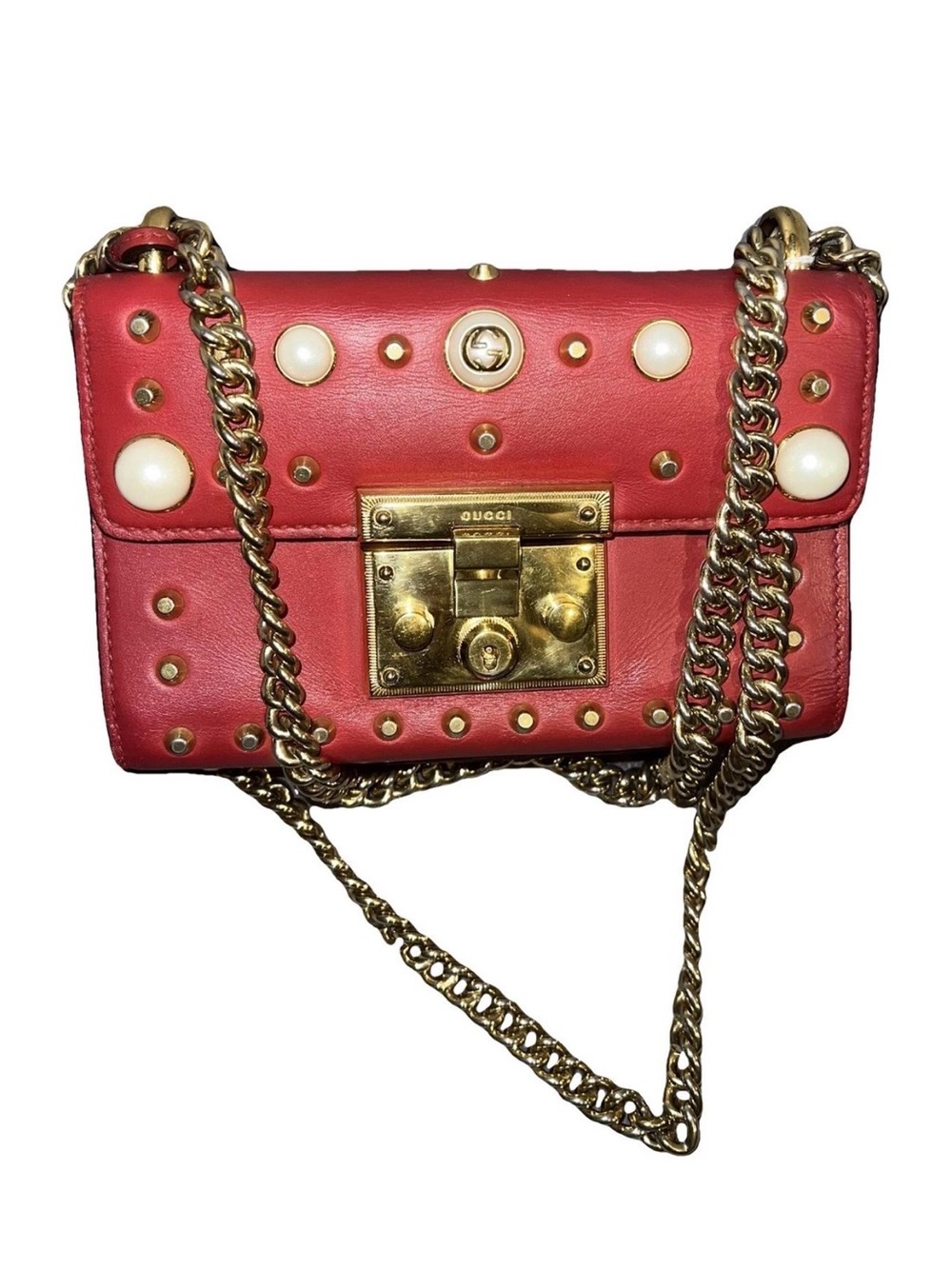 Gucci Red Padlock Bag with Gold Hardware & Pearl Accents